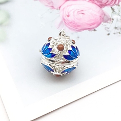 Blue Brass Enamel Hollow Bead Cage Pendants, Round with Flower Charm, for Chime Ball Pendant Necklaces Making, Blue, 18x15mm
