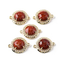 Красный Камень Натуральные красные яшмы граненые подвески-соединители, латунные микро-паве прозрачные кубические цирконии плоские круглые драгоценные камни звенья, золотые, стойки покрытие, 21x16x7 мм, отверстие : 1.6 мм