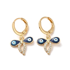 Bowknot Evil Eye Real 18K Gold Plated Brass Dangle Leverback Earrings, with Enamel and Cubic Zirconia, Bowknot, 25x15mm