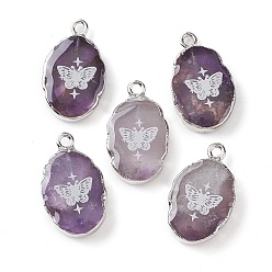 Amethyst Natural Amethyst Oval Pendants, Platinum Plated Brass Oval Charms with Butterfly, 22~22.5x13~13.5x4.5mm, Hole: 1.6~1.8mm
