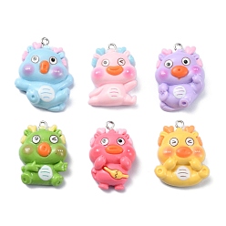 Random Color Cartoon Opaque Resin Pendants, Sausage Mouth Dragon Charms with Platinum Plated Iron Loops, Random Color, 29~33x20~25x9~10mm, Hole: 2mm