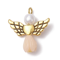Beige Resin Imitation Pearl Pendants, Rose Angel Charms with Antique Golden Plated Alloy Heart Wings, Beige, 23.5~24x22x6.5mm, Hole: 1.8~2.2mm
