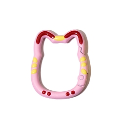 Pink Spray Painted Alloy Spring Gate Ring, Cat, Pink, 35x28x3.9mm