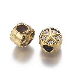 Antique Golden Tibetan Style Alloy Beads, Flat Round with Star, Antique Golden, 10x7mm, Hole: 4mm