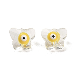 Jaune Perles de verre émaillées transparentes, papillon avec le mauvais œil, jaune, 8x10x6.5~7mm, Trou: 1mm