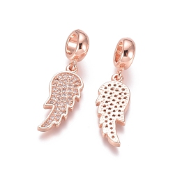 Rose Gold Brass Micro Pave Cubic Zirconia European Dangle Charms, Large Hole Pendants, Wing, Clear, Rose Gold, 28.5mm, Wing: 20x8x2mm, Hole: 5mm