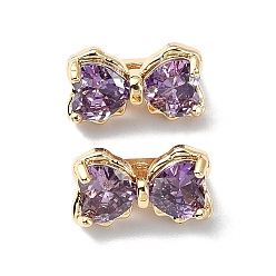 Dark Violet Brass Pave Cubic Zirconia Multi-Strand Links, 3-Hole, Bowknot, Real 18K Gold Plated, Dark Violet, 7x12x7mm, Hole: 1.2mm