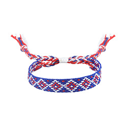 Blue Rhombus Polyester Braided Cord Bracelet, Ethnic Tribal Adjustable Bohemia Bracelet, Blue, 7-1/8 inch(18cm)