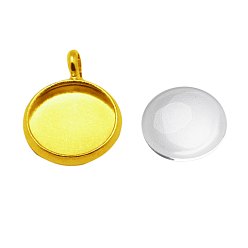 Golden Dome Transparent Glass Cabochons and Brass Pendant Cabochon Settings for DIY, Nickel Free, Golden, Tray: 10mm, 12x2mm, Hole: 3mm, 9.5~10x3.5mm