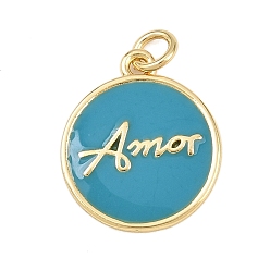 Светлый Морско-зеленый Латунь эмаль подвески, с целью перехода в кольце, плоские круглые подвески со словом «амор», без свинца и без кадмия, долговечный, реальный 18 k позолоченный, стойки покрытие, светло-зеленый, 16.5x14x1.5 мм, отверстие : 2.5 мм