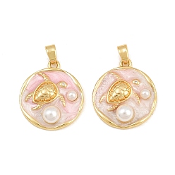 Pink Brass Enamel Pendants, with ABS Plastic Imitation Pearl, Flat Round with Sea Turtle Charms, Real 18K Gold Plated, Pink, 21.5x18.5x6mm, Hole: 4.5x3mm