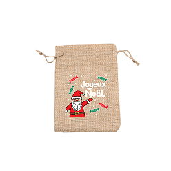 Santa Claus Rectangle Christmas Themed Burlap Drawstring Gift Bags, Gift Pouches for Christmas Party Supplies, BurlyWood, Santa Claus, 14x10cm