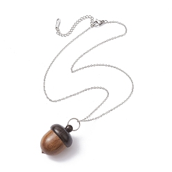 Stainless Steel Color Acorns Disconnectable Ebony Wood Pendant Necklaces, with 304 Stainless Steel Cable Chains, Stainless Steel Color, 15.98 inch(40.6cm)
