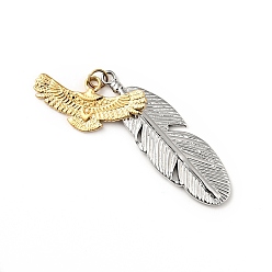 Golden & Stainless Steel Color Ion Plating(IP) 304 Stainless Steel Pendants, with Jump Ring, Feather & Eagle, Golden & Stainless Steel Color, 12.5x25.5x2.2mm, Hole: 3.4mm
