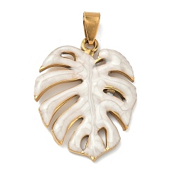 Белый 304 подвески из нержавеющей стали, с эмалью, лист прелести, ионное покрытие (ip), реальный 18 k позолоченный, белые, 35.5x28x3 мм, отверстие : 5x8 мм