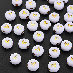 Golden Plated Plating Acrylic Beads, Metal Enlaced, Flat Round with Heart, Golden Plated, 6.5~7x3.7mm, Hole: 1.8mm, about 3650pcs/500g