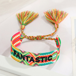 Colorful FANTASTIC Embroidered Tassel Bracelet with Personalized Alphabet Design - Fashionable Couple's Wristband in Multiple Styles