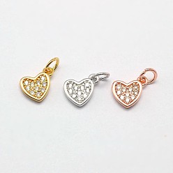 Mixed Color Heart Brass Micro Pave Cubic Zirconia Charms, Cadmium Free & Nickel Free & Lead Free, Mixed Color, 8x6x1mm, Hole: 2mm
