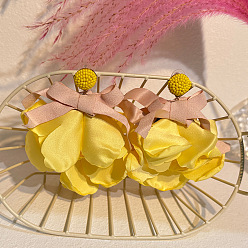 E-956-yellow Design Fabric Art Bow Flower Earrings Fashion Exaggerated Handmade Long Earrings