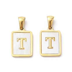 Letter T Ion Plating(IP) 304 Stainless Steel Pave Shell Pendants, Rectangle Charm, Real 18K Gold Plated, Letter T, 17.5x12x1.5mm, Hole: 3x5mm