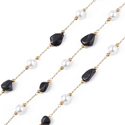Agate Noire Pépite d'agate noire naturelle & chaîne perlée imitation perle de verre, avec chaînes satellites dorées 304 en acier inoxydable, non soudée, avec bobine, 5~12x4~8x4~7mm, 6x5mm, 2.5x2mm, environ 32.81 pieds (10 m)/rouleau