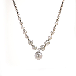 Нержавеющая Сталь Цвет 304 Круглые бусы из нержавеющей стали и жемчуга, расположенные по градуировке., с четким кубического циркония, цвет нержавеющей стали, 15.75 дюйм (40 см)