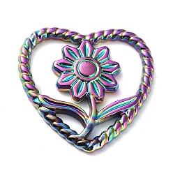 Rainbow Color Ion Plating(IP) 304 Stainless Steel Cabochons, Heart with Flower, Rainbow Color, 21x21x2mm