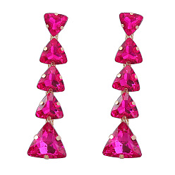 Rose pink Exaggerated Multi-layer Triangle Glass Rhinestone Earrings for Women with Claw Chain