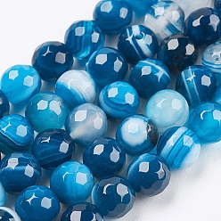 Dodger Blue Natural Striped Agate/Banded Agate Beads Strands, Round, Faceted, Dyed, Dodger Blue, 6mm, Hole: 1mm, about 62pcs/strand, 14.5 inch(37cm)