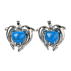 Бирюза Подвески в форме сердца из синтетической бирюзы, латунные подвески в виде дельфинов, платина, без кадмия и без свинца, 29x32.5x8.5 мм, отверстие : 8x5 мм