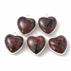 Mahogany Obsidian Natural Mahogany Obsidian Pendants, with Silver Color Plated Brass Findings, Heart Charms, 18~19x15~17x7~10mm, Hole: 2mm