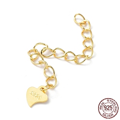 Real 18K Gold Plated 925 Sterling Silver Chain Extenders, Curb Chain with Heart Tag, with S925 Stamp, Real 18K Gold Plated, 50mm