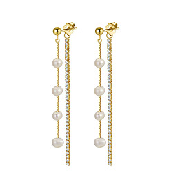 Real 14K Gold Plated Cubic Zirconia & Pearl Beaded Front Back Stud Earrings, 925 Sterling Silver Chain Tassel Earrings, with S925 Stamp, Golden, 60mm