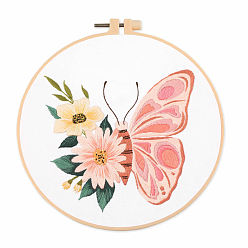 Pink Insect Butterfly DIY Embroidery Kits, Including Printed Fabric, Embroidery Thread & Needles, Embroidery Hoop, Pink, 200mm