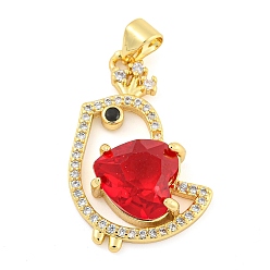 Red Rack Plating Brass Micro Pave Clear Cubic Zirconia Pendants, with Glass, Long-Lasting Plated, Cadmium Free & Lead Free, Bird Charms, Red, 24.5x17.5x6mm, Hole: 4x3.5mm