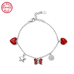 Butterfly Rhodium Plated Platinum 925 Sterling Silver Charm Bracelets, with Red Enamel, with 925 Stamp, Butterfly, 5-7/8 inch(15cm)