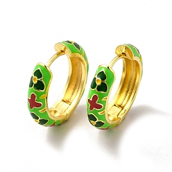 Зеленый газон Серьги-кольца с цветочной эмалью, настоящие позолоченные украшения из латуни для женщин, без свинца и без кадмия, зеленый газон, 18 мм, штифты : 19x4.5x19.5 мм