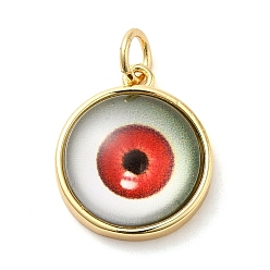Red Real 18K Gold Plated Brass Pendants, with Acrylic and Jump Ring, Flat Round with Evil Eye Charms, Red, 16x14x5.5mm, Hole: 3.4mm
