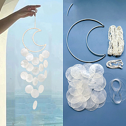White DIY Wind Chime Hanging Pendant Decoration Making Kit, Including Bamboo Rings, Shell Pendants, Cotton and Elastic Threads, White, 550x150mm