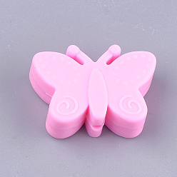 Hot Pink Food Grade Eco-Friendly Silicone Focal Beads, Chewing Beads For Teethers, DIY Nursing Necklaces Making, Butterfly, Hot Pink, 20.5x30x11mm, Hole: 2mm