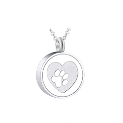 Stainless Steel Color Stainless Steel Flat Round with Paw Print Urn Ashes Pendant Necklace, Memorial Jewelry for Women, Stainless Steel Color, Pendant: 20mm In Diameter