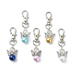 Mixed Color 5Pcs Angel Glass Pearl Pendant Decorations, with Alloy Swivel Lobster Claw Clasps, Mixed Color, 53mm