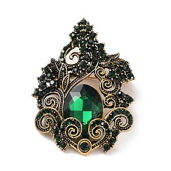 Emerald Alloy Pave Rhinestone Brooch, Flower, Antique Golden, Emerald, 49x35x11mm