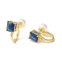 Blue Glass Rectangle Hoop Earrings with ABS Pearl Beaded, Golden Brass Jewelry for Women, Blue, 25.3x17.5x10mm, Pin: 1mm