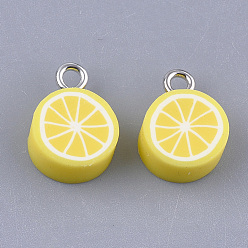 Yellow Handmade Polymer Clay Charms, with Iron Findings, Lemon, Platinum, Yellow, 14~15x10x5mm, Hole: 1.8mm