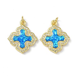 Real 18K Gold Plated Brass Micro Pave Cubic Zirconia Pendants, with Synthetic Opal and Jump Ring, Cross, Real 18K Gold Plated, 20.5x18x3.5mm, Hole: 3.5mm