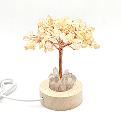 Citrine Natural Citrine Chips Tree Night Light Lamp Decorations, Wooden Base with Copper Wire Feng Shui Energy Stone Gift for Home Desktop Decoration, 120mm