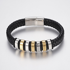 Black Braided Leather Cord Bracelets, with 304 Stainless Steel Beads Findings and Magnetic Clasps, Black, 8-5/8 inch(220mm), 29x14x8mm