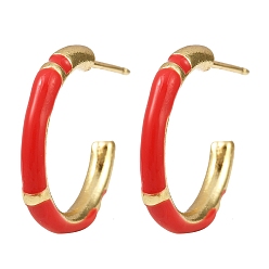 Красный С-образные серьги-гвоздики из латуни с эмалью, без кадмия и без свинца, стойки покрытие, долговечный, реальный 18 k позолоченный, красные, 18.5x2.5 мм