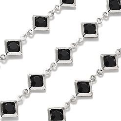 Черный Латунные стеклянные ромбовидные цепи, с катушкой, долговечный, пайки, без свинца и без кадмия, стойки покрытие, платина, чёрные, 15x9x2.5 мм